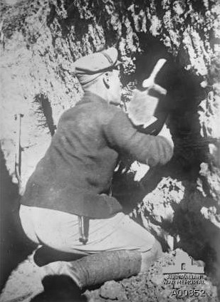 Sgt HC Rodda, digging himself a dugout in the side of a trench, Gallipoli, 1915. Photograph courtesy Australian War Memorial