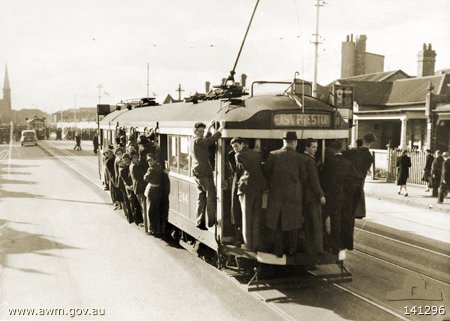 Overcrowded tram in Fitzroy during World War II. Photograph Australian War Museum