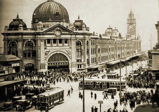 Flinders Street Station with W, Q and M class trams, late 1920s. Photograph Public Record Office Victoria