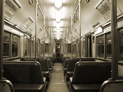 Interior of Brisbane FM no 548 at Sydney Tramway Museum, showing the use of stainless steel, glass and high gloss paints in Streamline Moderne interior design. Photograph courtesy Mal Rowe.