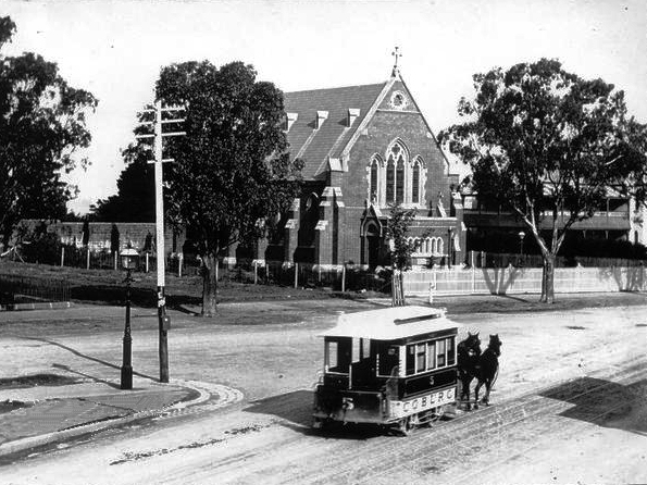 NTC car outside St Paul's Church at O'Hea Street. Photograph courtesy Coburg Historical Society
