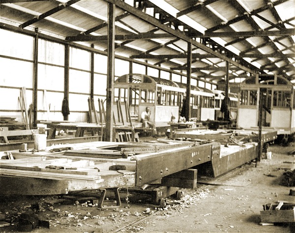 Tram body being built at Holdens. Photograph in the collection of the Melbourne Tram Museum.