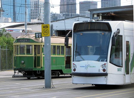 M&MTB W2 class No 510 with Yarra Trams D2 class No 5012 at Southbank, February 2008. Photograph Mal Rowe.